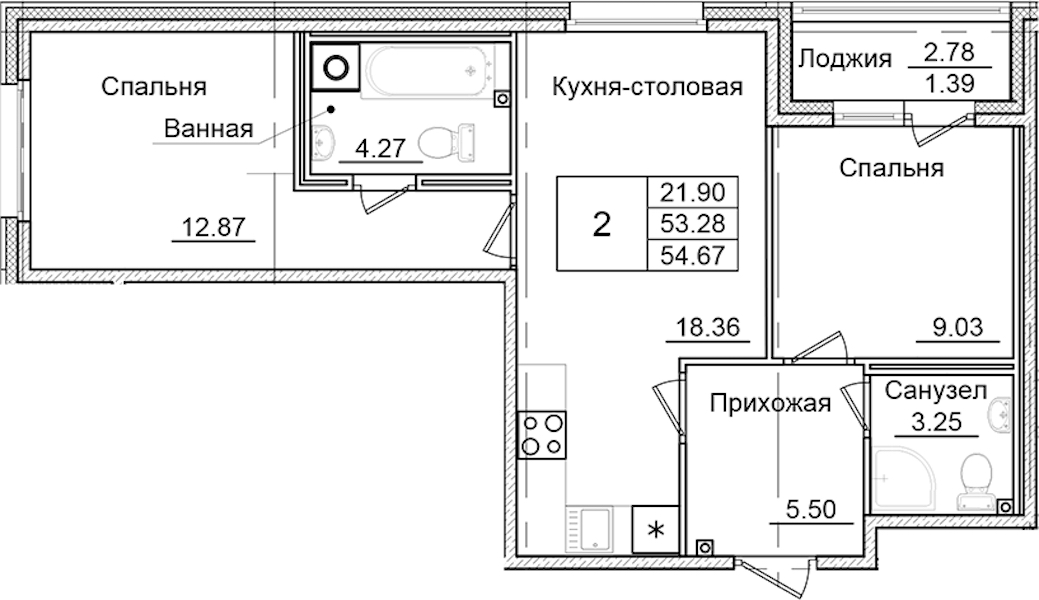 2-комнатная квартира 54.67 м², 1/9 эт., ЖК «Квартал Заречье»